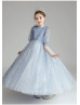 Elbow Sleeves Blue Star Lace Tulle Flower Girl Dress